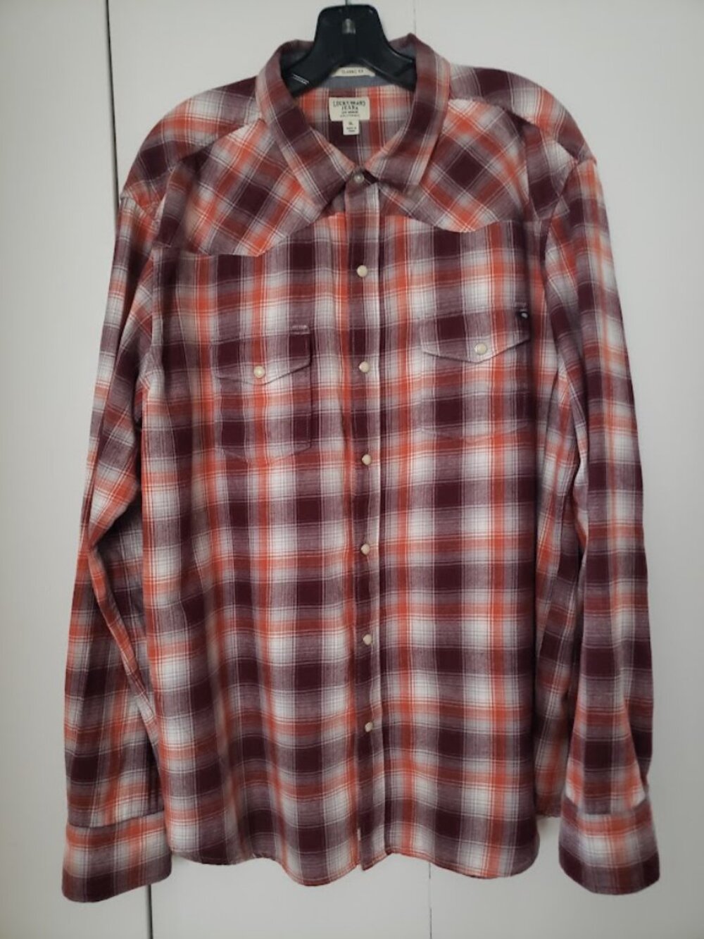Lucky Brand men's long-sleeve Cowboy western plaid flannel shirt Pearl snap XL